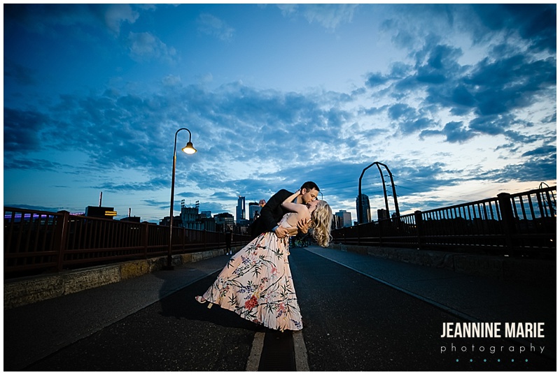 kiss, dip, night portraits, evening sky, blue skies, clouds, Lyndale Rose Garden, Stone Arch Bridge, Harriet Island Park, engaged, engagement session, engagement portraits, engagement photos, Minneapolis engagement portraits, Minneapolis engagement session, Twin Cities engagement, Twin Cities engagement photographer, Minnesota engagement photographer, Minnesota engagement session, Minnesota photography, Minneapolis wedding, Minnesota wedding photographer, Jeannine Marie Photography