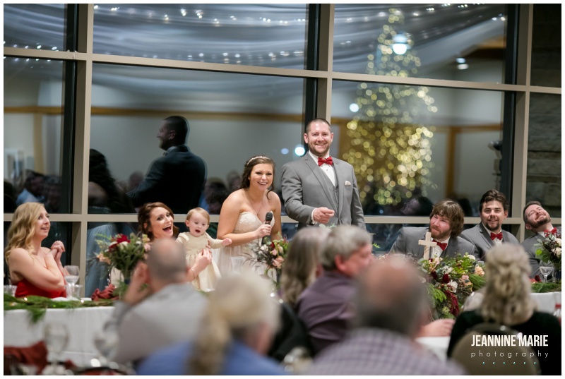 head table, wedding reception, floral, winter floral, wedding toasts, winter wedding, Christmas wedding, red wedding, Eagan Community Center, Wilderland Floral, Makeup by Mindie, Hair by Theresa, Raffine Bridal, Buttercream, Green Mill Catering, Jeannine Marie Photography, Eagan Community Center wedding photographer, Minneapolis wedding photographer, Eagan wedding photographer, Saint Paul wedding photographer, Minnesota wedding photographer, winter wedding photography