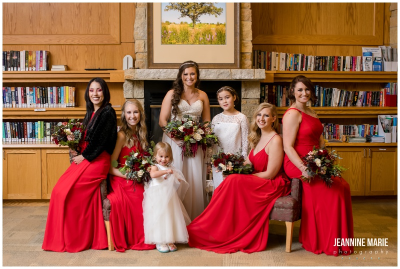 bride, bridesmaids, red bridesmaids dresses, bouquet, winter bouquet, red bouquet, flower girl, winter wedding, Christmas wedding, red wedding, Eagan Community Center, Wilderland Floral, Makeup by Mindie, Hair by Theresa, Raffine Bridal, Buttercream, Green Mill Catering, Jeannine Marie Photography, Eagan Community Center wedding photographer, Minneapolis wedding photographer, Eagan wedding photographer, Saint Paul wedding photographer, Minnesota wedding photographer, winter wedding photography