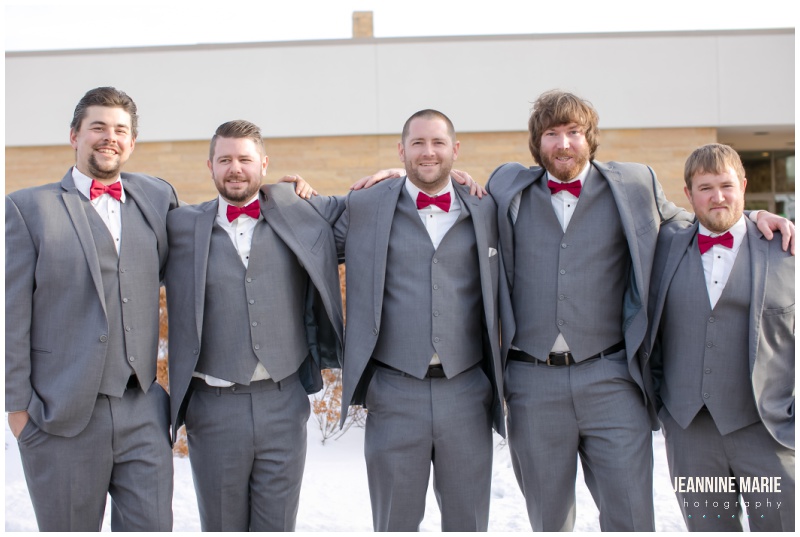 gray suits, red bow tie, groom, groomsmen, winter wedding, Christmas wedding, red wedding, Eagan Community Center, Wilderland Floral, Makeup by Mindie, Hair by Theresa, Raffine Bridal, Buttercream, Green Mill Catering, Jeannine Marie Photography, Eagan Community Center wedding photographer, Minneapolis wedding photographer, Eagan wedding photographer, Saint Paul wedding photographer, Minnesota wedding photographer, winter wedding photography