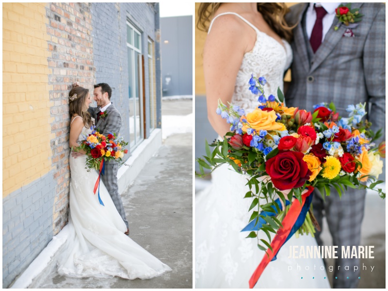 bride, groom, vibrant flowers, bridal bouquet, gray suit, plaid suit, North Stacks Events, brewery wedding, taproom wedding, Simply Stated Elegance, Ultimate Events, Twin Cities event center, Saint Paul event center, new wedding venue, Twin Cities wedding venue, vibrant wedding colors, royal blue wedding, wedding inspiration, Minnesota brewery wedding, Twin Cities brewery wedding, Jeannine Marie Photography, Minnesota wedding photographer, Twin Cities wedding photographer, Saint Paul wedding photographer