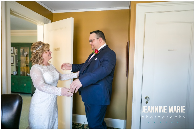 first look, bride, groom, St. Paul College Club, Valentine's Day wedding, red roses, red roses wedding, Johnson Jewelers, Dorothy Ann Bakery, Rocket man Entertainment, Jeannine Marie Photography, Minnesota wedding photographer, Saint Paul wedding photographer