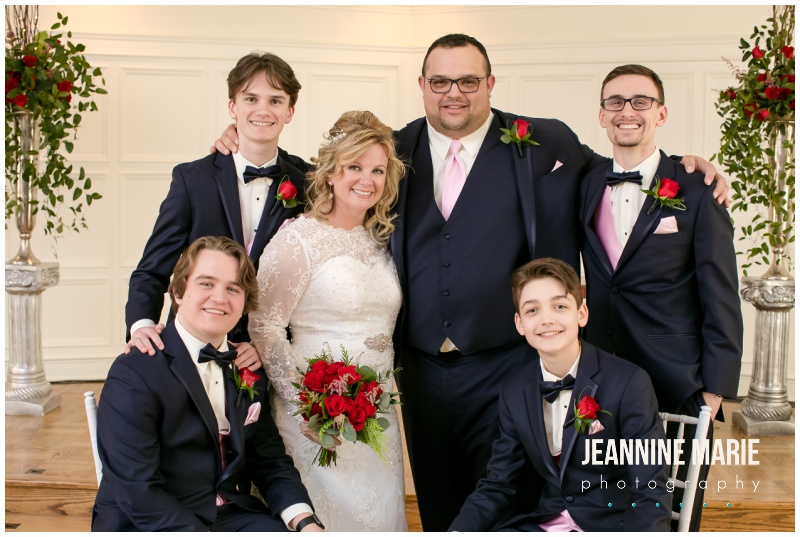 bride, groom, red rose, red bouquet, sons, family portrait, St. Paul College Club, Valentine's Day wedding, red roses, red roses wedding, Johnson Jewelers, Dorothy Ann Bakery, Rocket man Entertainment, Jeannine Marie Photography, Minnesota wedding photographer, Saint Paul wedding photographer