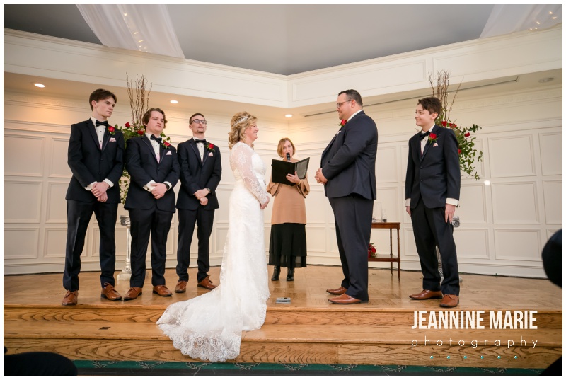 bride, groom, wedding ceremony, St. Paul College Club, Valentine's Day wedding, red roses, red roses wedding, Johnson Jewelers, Dorothy Ann Bakery, Rocket man Entertainment, Jeannine Marie Photography, Minnesota wedding photographer, Saint Paul wedding photographer