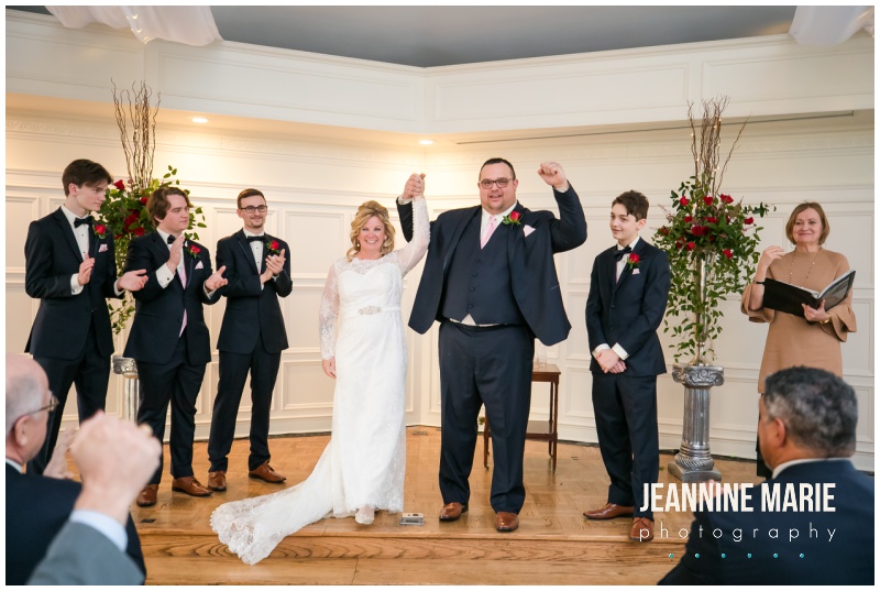 wedding ceremony, bride, groom, St. Paul College Club, Valentine's Day wedding, red roses, red roses wedding, Johnson Jewelers, Dorothy Ann Bakery, Rocket man Entertainment, Jeannine Marie Photography, Minnesota wedding photographer, Saint Paul wedding photographer