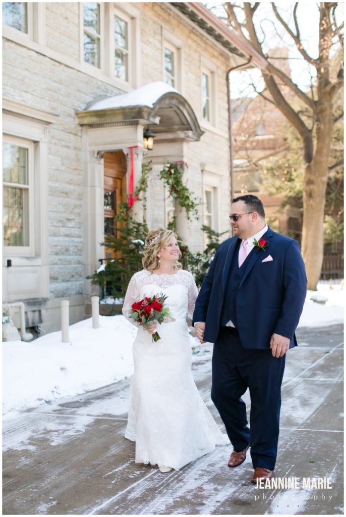 bride, groom, red roses, bridal bouquet, St. Paul College Club, Valentine's Day wedding, red roses, red roses wedding, Johnson Jewelers, Dorothy Ann Bakery, Rocket man Entertainment, Jeannine Marie Photography, Minnesota wedding photographer, Saint Paul wedding photographer