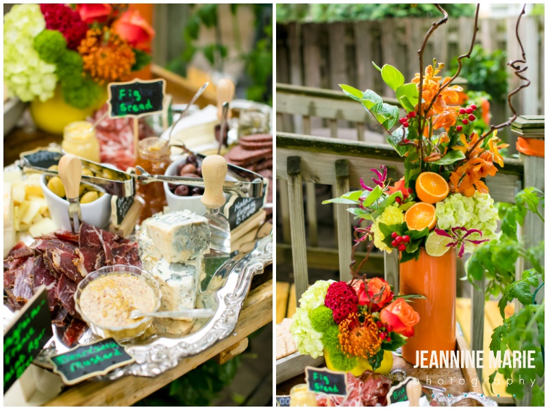 cheese spread, cheese station, wedding food, vibrant wedding floral, pandemic wedding, backyard wedding, intimate wedding, warm wedding floral, rainy wedding day, citrus wedding decor, fruit and flowers, fruit and floral wedding decor, harvest table, RJ Kramer Designs, Rudy's Event Rentals, Live Great Food, pride month, lgbt weddings, Jeannine Marie Photography, Saint Paul wedding photographer, Minnesota wedding photographer, Minneapolis wedding photographer