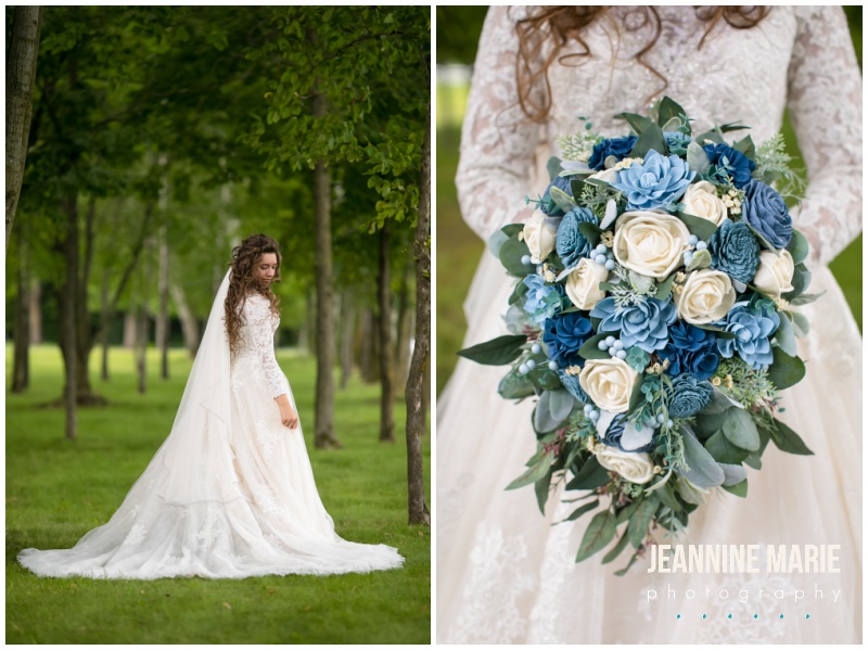 bridal portraits, bride, wedding gown, lace wedding gown, ballgown dress, long sleeved dress, high-neck dress, blue bouquet, cascading bouquet, blue flowers, Mystical Rose gardens, fairytale wedding, outdoor wedding, outdoor Wisconsin wedding venue, Cinderella wedding, blue wedding, greenery, Cinderella carriage, lace ballgown, Jeannine Marie Photography, Wisconsin wedding photographer, covid wedding, pandemic wedding, romantic wedding, Dorothy Ann Bakery, Men's Wearhouse, Bella Bridal boutique, Creative Catering by Molly, Anna May Flowers, Men's Wearhouse, JJ's House, Zazzle, James Allen, Wisconsin Bride, wedding inspiration, wedding planning