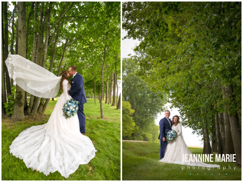 bride, groom, wedding portraits, blue bouquet, blue flowers, veil, wedding gown, Mystical Rose gardens, fairytale wedding, outdoor wedding, outdoor Wisconsin wedding venue, Cinderella wedding, blue wedding, greenery, Cinderella carriage, lace ballgown, Jeannine Marie Photography, Wisconsin wedding photographer, covid wedding, pandemic wedding, romantic wedding, Dorothy Ann Bakery, Men's Wearhouse, Bella Bridal boutique, Creative Catering by Molly, Anna May Flowers, Men's Wearhouse, JJ's House, Zazzle, James Allen, Wisconsin Bride, wedding inspiration, wedding planning