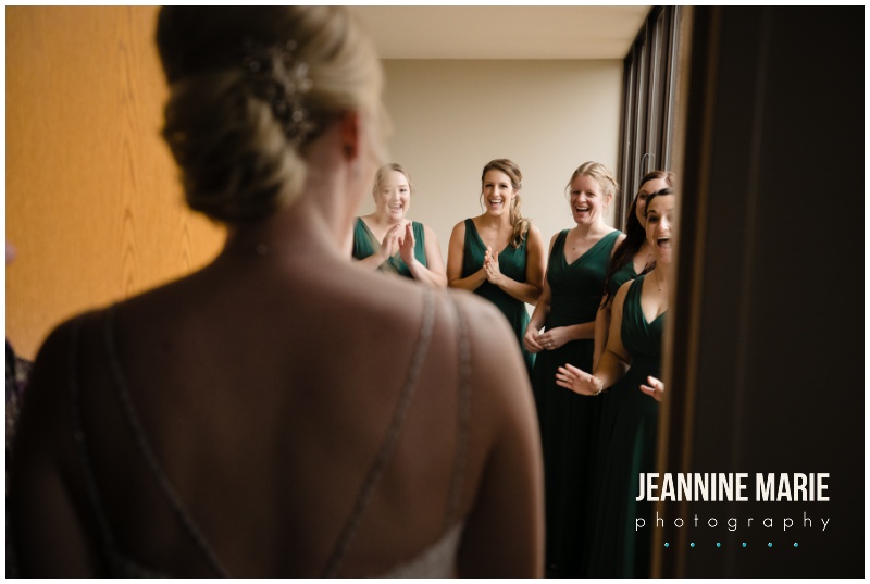 bride, bridesmaids, first look, green bridesmaids dresses, navy suits, burgundy wedding floral, hotel wedding, church wedding, fall wedding, covid wedding, pandemic wedding, Jeannine Marie Photography, Minnesota wedding photographer, Lakeville wedding photographer, Bloomington wedding photographer, Twin Cities wedding photographer, Minneapolis wedding photographer, All Saints Catholic Church, Sheraton Bloomington Hotel, Colleen’s Flower Cellar, Queen of Cakes, Instant Request DJ, Minted, Salon Concepts, Ella Rose, Raffine Bridal, Shane Co., Azazie, Men’s Wearhouse