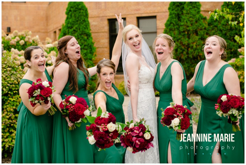green bridesmaids dresses, navy suits, burgundy wedding floral, hotel wedding, church wedding, fall wedding, covid wedding, pandemic wedding, Jeannine Marie Photography, Minnesota wedding photographer, Lakeville wedding photographer, Bloomington wedding photographer, Twin Cities wedding photographer, Minneapolis wedding photographer, All Saints Catholic Church, Sheraton Bloomington Hotel, Colleen’s Flower Cellar, Queen of Cakes, Instant Request DJ, Minted, Salon Concepts, Ella Rose, Raffine Bridal, Shane Co.,green bridesmaids dresses, burgundy flowers, wedding gown, bride, bridesmaids, Azazie, Men’s Wearhouse
