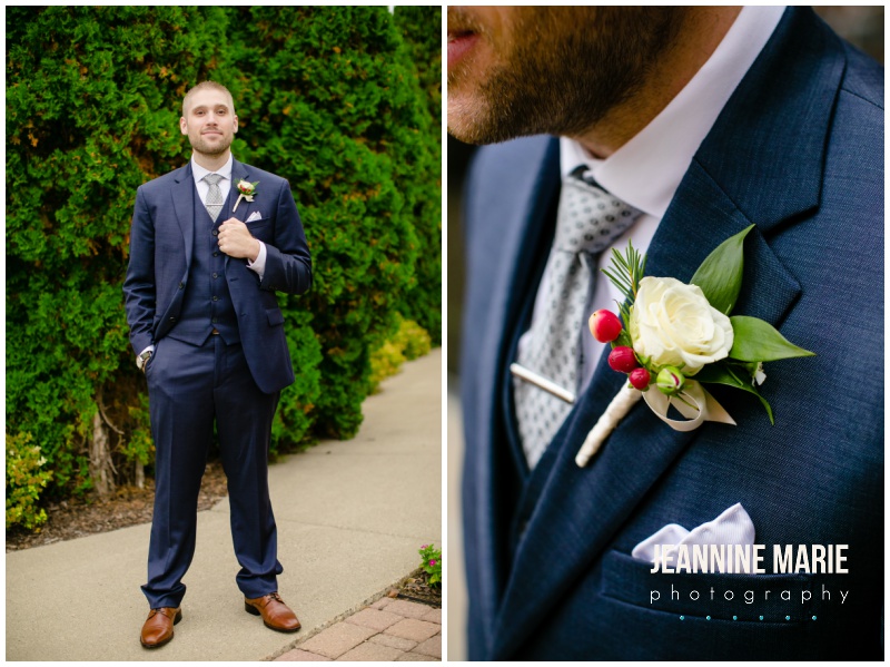 grom, boutonniere, navy suit, green bridesmaids dresses, navy suits, burgundy wedding floral, hotel wedding, church wedding, fall wedding, covid wedding, pandemic wedding, Jeannine Marie Photography, Minnesota wedding photographer, Lakeville wedding photographer, Bloomington wedding photographer, Twin Cities wedding photographer, Minneapolis wedding photographer, All Saints Catholic Church, Sheraton Bloomington Hotel, Colleen’s Flower Cellar, Queen of Cakes, Instant Request DJ, Minted, Salon Concepts, Ella Rose, Raffine Bridal, Shane Co., Azazie, Men’s Wearhouse
