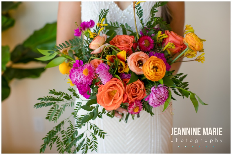 vibrant flowers, bridal bouquet, orange flowers, pink flowers, yellow flowers, The Apt, urban wedding venue, intimate wedding venue, indoor wedding venue, Northeast Minneapolis wedding venue, Woodland Events, TDT Beauty, Ziel Bridal, Wilderland Floral, Whitey’s Old Town Saloon, Sugar and Spice Sweetery, Thirty Story, Minneapolis wedding photographer, Twin Cities wedding photographer, Minnesota wedding photographer, Jeannine Marie Photography