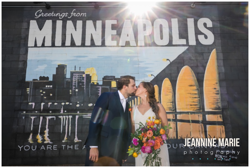 mural, Minneapolis mural, bride, groom, bridal bouquet, wedding gown, wedding dress, The Apt, urban wedding venue, intimate wedding venue, indoor wedding venue, Northeast Minneapolis wedding venue, Woodland Events, TDT Beauty, Ziel Bridal, Wilderland Floral, Whitey’s Old Town Saloon, Sugar and Spice Sweetery, Thirty Story, Minneapolis wedding photographer, Twin Cities wedding photographer, Minnesota wedding photographer, Jeannine Marie Photography