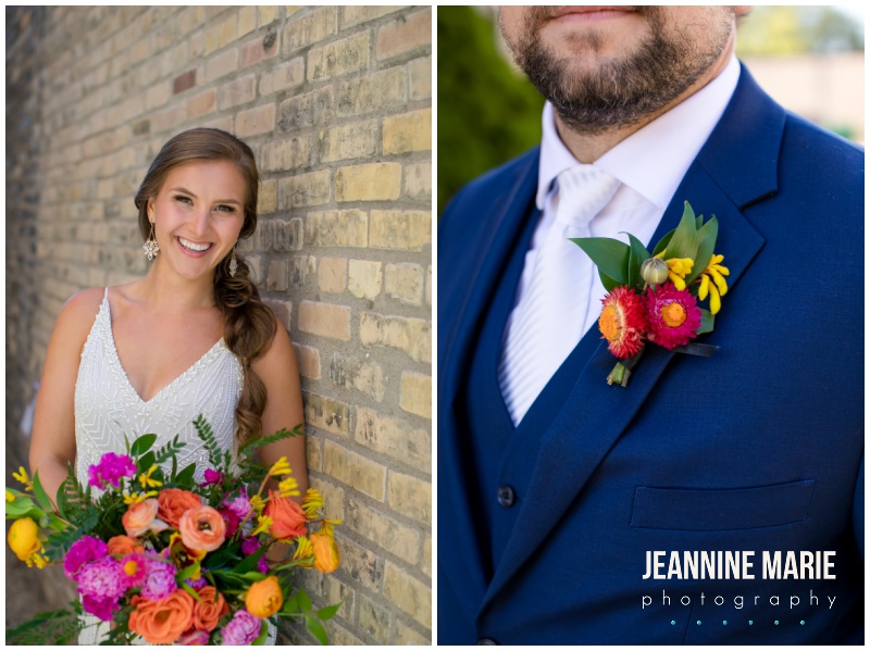 navy suit, boutonniere, bridal bouquet, vibrant bouquet, vibrant floral, The Apt, urban wedding venue, intimate wedding venue, indoor wedding venue, Northeast Minneapolis wedding venue, Woodland Events, TDT Beauty, Ziel Bridal, Wilderland Floral, Whitey’s Old Town Saloon, Sugar and Spice Sweetery, Thirty Story, Minneapolis wedding photographer, Twin Cities wedding photographer, Minnesota wedding photographer, Jeannine Marie Photography