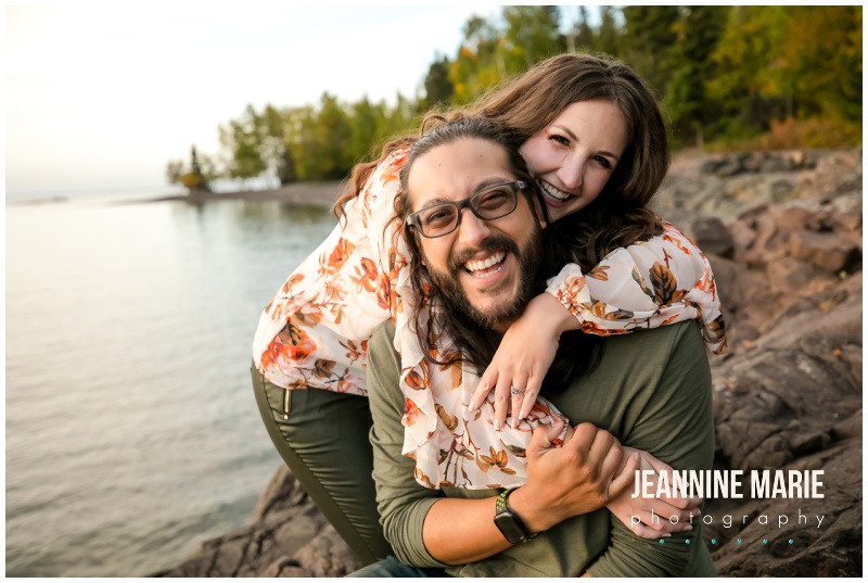 laughing, couple, Gooseberry Falls State Park, Split Rock Lighthouse, North Shore engagement session, Lake Superior engagement session, Jeannine Marie Photography, Minnesota engagement photographer, Northern Minnesota engagement photographer, Duluth engagement photographer, Duluth wedding photographer, Minnesota wedding photographer, fall engagement session, outdoor engagement session, lakeside engagement session