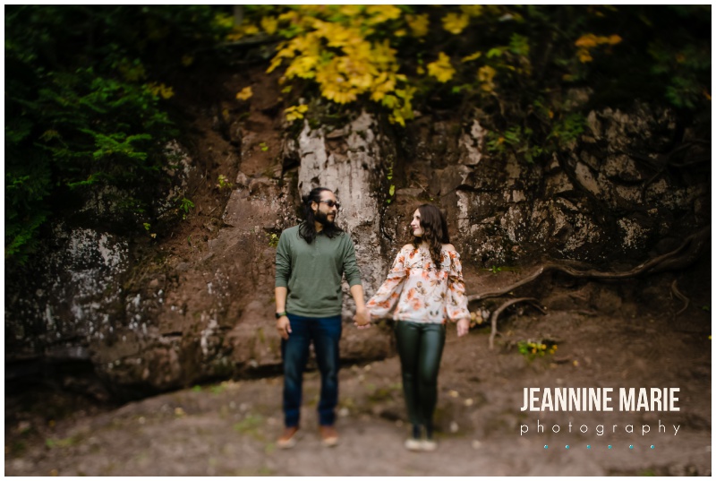 rocks, hand in hand, standing, facing each other, Gooseberry Falls State Park, Split Rock Lighthouse, North Shore engagement session, Lake Superior engagement session, Jeannine Marie Photography, Minnesota engagement photographer, Northern Minnesota engagement photographer, Duluth engagement photographer, Duluth wedding photographer, Minnesota wedding photographer, fall engagement session, outdoor engagement session, lakeside engagement session