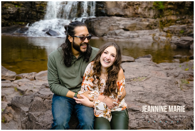 laughing, waterfall, couple portraits, Gooseberry Falls State Park, Split Rock Lighthouse, North Shore engagement session, Lake Superior engagement session, Jeannine Marie Photography, Minnesota engagement photographer, Northern Minnesota engagement photographer, Duluth engagement photographer, Duluth wedding photographer, Minnesota wedding photographer, fall engagement session, outdoor engagement session, lakeside engagement session