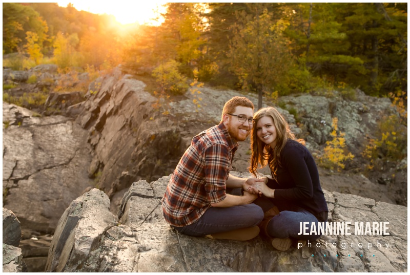 couple, sitting, rocks, Jay Cooke State Park, fall colors, Minnesota fall, fall engagement session, Northern Minnesota engagement session, Duluth engagement session, Jeannine Marie Photography, Northern Minnesota engagement photographer, Duluth engagement photographer, Minnesota engagement photographer, Twin Cities engagement photographer, Duluth wedding photographer, Minnesota wedding photographer, fall engagement portraits, nature engagement portraits, outdoor engagement portraits