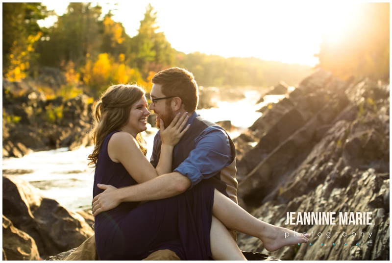 couple, sitting, laughing, Jay Cooke State Park, fall colors, Minnesota fall, fall engagement session, Northern Minnesota engagement session, Duluth engagement session, Jeannine Marie Photography, Northern Minnesota engagement photographer, Duluth engagement photographer, Minnesota engagement photographer, Twin Cities engagement photographer, Duluth wedding photographer, Minnesota wedding photographer, fall engagement portraits, nature engagement portraits, outdoor engagement portraits