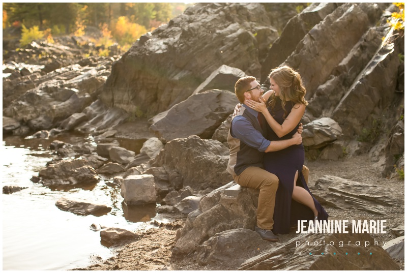 sitting, rocks, couple portraits, Jay Cooke State Park, fall colors, Minnesota fall, fall engagement session, Northern Minnesota engagement session, Duluth engagement session, Jeannine Marie Photography, Northern Minnesota engagement photographer, Duluth engagement photographer, Minnesota engagement photographer, Twin Cities engagement photographer, Duluth wedding photographer, Minnesota wedding photographer, fall engagement portraits, nature engagement portraits, outdoor engagement portraits