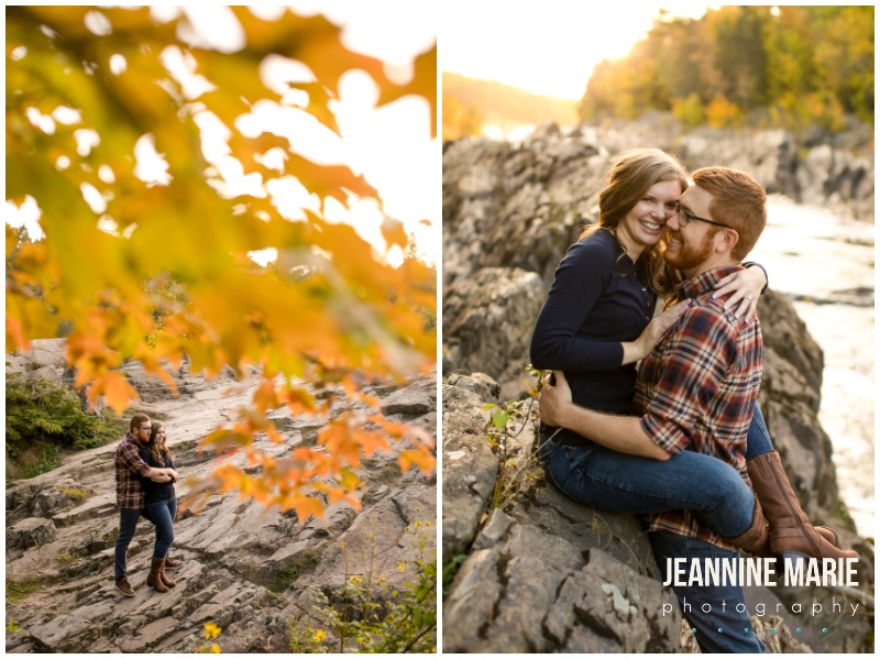 fall colors, rocks, river, couple poses, laughing, Jay Cooke State Park, fall colors, Minnesota fall, fall engagement session, Northern Minnesota engagement session, Duluth engagement session, Jeannine Marie Photography, Northern Minnesota engagement photographer, Duluth engagement photographer, Minnesota engagement photographer, Twin Cities engagement photographer, Duluth wedding photographer, Minnesota wedding photographer, fall engagement portraits, nature engagement portraits, outdoor engagement portraits