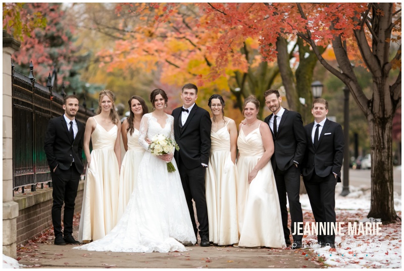 bride, groom, wedding party, blush bridesmaids dresses, black suits, intimate wedding, covid wedding, pandemic wedding, fall wedding, outdoor wedding, St. Paul College Club, Positively Charmed, Jeannine Marie Photography, Saint Paul wedding, Saint Paul mansion wedding, Saint Paul wedding photographer, Twin Cities wedding photographer, blush wedding, navy wedding