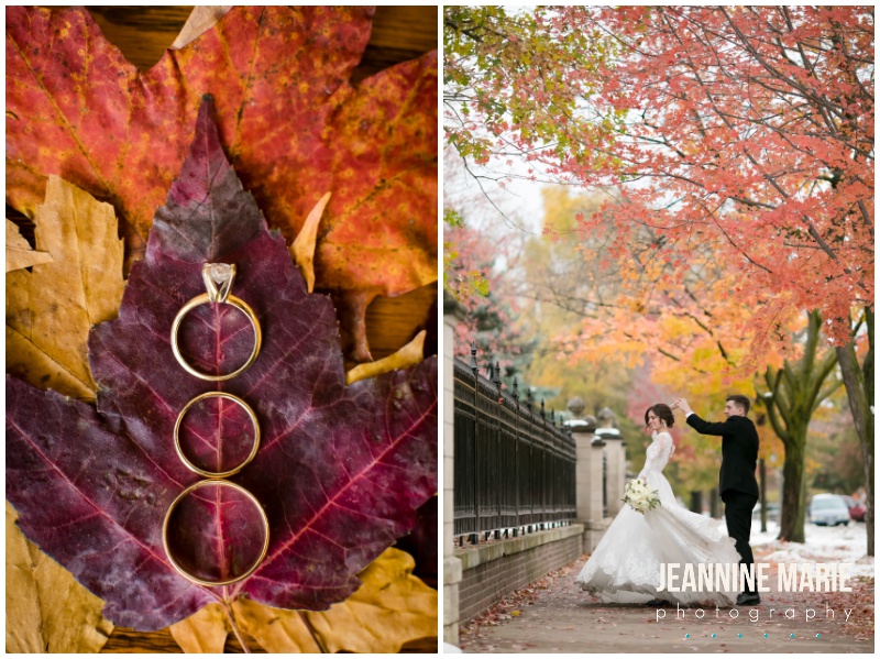 fall colors, leaves, ring shot, bride, groom, twirling, fall trees, intimate wedding, covid wedding, pandemic wedding, fall wedding, outdoor wedding, St. Paul College Club, Positively Charmed, Jeannine Marie Photography, Saint Paul wedding, Saint Paul mansion wedding, Saint Paul wedding photographer, Twin Cities wedding photographer, blush wedding, navy wedding