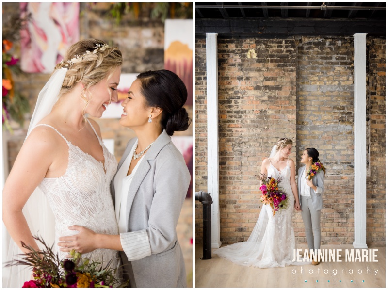 lgbt weddings, same sex weddings, bridal style, pants suit, wedding gown, wedding dress, bridal hair, bridal bouquet, vibrant bouquet, art inspired wedding, art-themed wedding, magenta wedding, gold wedding, pink wedding, coral wedding, magenta and gold wedding, Venu Mpls, Jeannine Marie Photography, J. Olson Weddings, Jenna Culley Events, Leah Gangl, Wilderland Floral, Brides of France, 139 Hair by Heidi, Ziel Bridal, Epitome Papers, Linen Effects, A’BriTin Catering, Ganache, Mast Wedding Films, Minneapolis wedding vendors, Minneapolis wedding photographer, indoor wedding, intimate wedding, unique wedding, bridal style, edgy bridal style, wedding inspiration, styled shoot