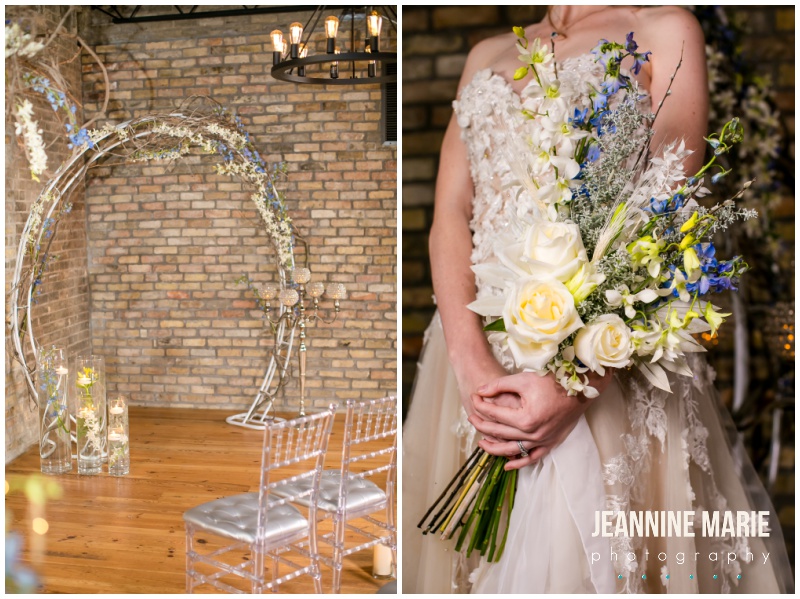 ceremony floral, bridal bouquet, blue wedding, ceremony backdrop, Weddings at The Broz, A'BriTin Catering, Florals by Tiffany's, New Prague wedding venue, Twin Cities wedding venue, Jeannine Marie Photography, Minnesota wedding photographer, Minneapolis wedding photographer