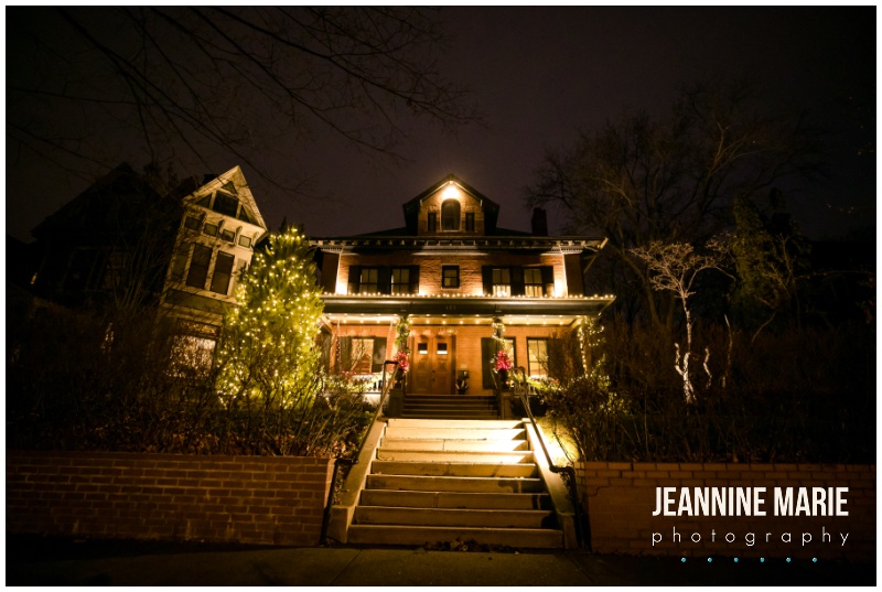 night, bed and breakfast, Christmas lights, exterior shot, Historic District Bed and Breakfast, intimate wedding, small wedding, Covid wedding, wedding planning, Jeannine Marie Photography, Minnesota wedding photographer, Saint Paul wedding photographer, bed and breakfast wedding, hotel wedding