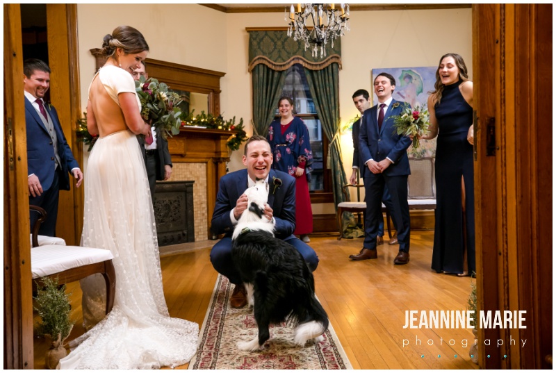 groom, dog, ceremony, small ceremony, wedding ceremony, Historic District Bed and Breakfast, intimate wedding, small wedding, Covid wedding, wedding planning, Jeannine Marie Photography, Minnesota wedding photographer, Saint Paul wedding photographer, bed and breakfast wedding, hotel wedding