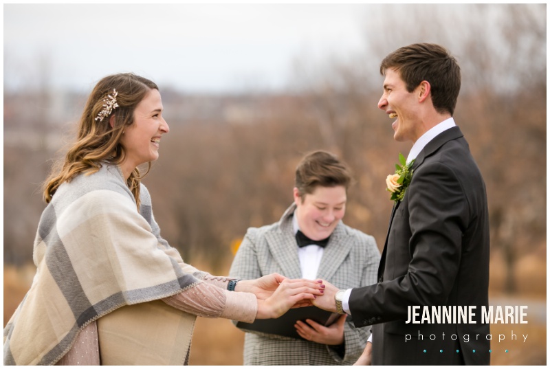 bride, groom, laughing, holding hands, ceremony, wedding ceremony, intimate wedding, small wedding, simple wedding, park wedding, Minneapolis park wedding, Minneapolis park ceremony, winter ceremony, outdoor ceremony, Minnesota wedding photographer, Minneapolis wedding photographer