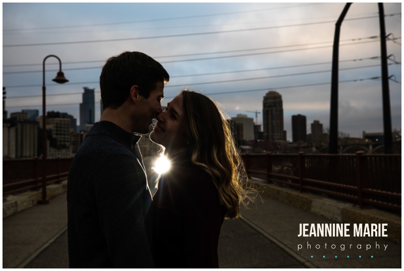 night portraits, almost kiss, city skyline, Aster Cafe, Stone Arch Bridge, Mississippi River, engagement portraits, engagement session, engagement outfits, winter engagement session, Minneapolis engagement photographer, Saint Paul engagement photographer, Minneapolis wedding photographer, Saint Paul wedding photographer, Jeannine Marie Photography
