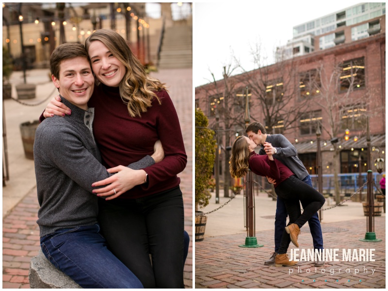 dip, kiss, sitting in lap, Aster Cafe, Stone Arch Bridge, Mississippi River, engagement portraits, engagement session, engagement outfits, winter engagement session, Minneapolis engagement photographer, Saint Paul engagement photographer, Minneapolis wedding photographer, Saint Paul wedding photographer, Jeannine Marie Photography