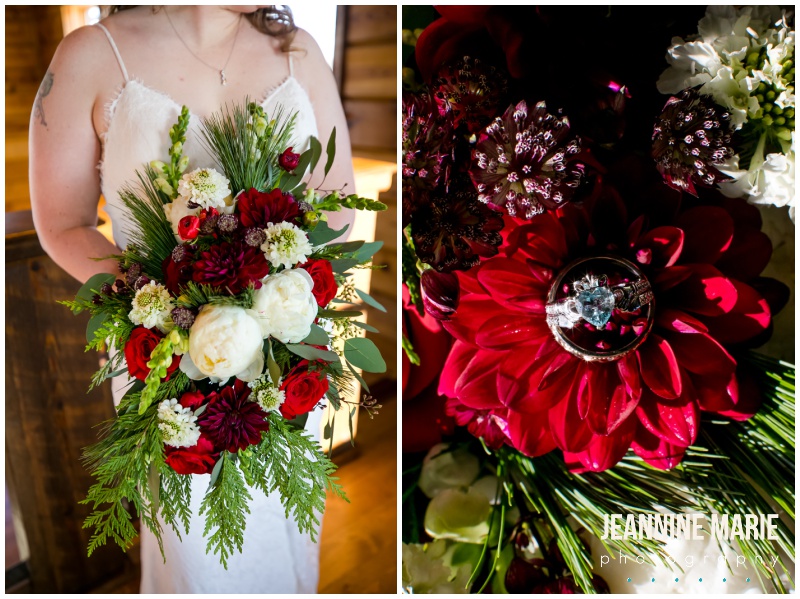 winter bouquet, winter wedding flowers, burgundy flowers, red flowers, social distancing, covid wedding, pandemic wedding, wedding planning, The River Lodge, winter wedding, Christmas wedding, cabin wedding, cozy wedding, casual wedding, Minnesota wedding, Minnesota cabin wedding, Jeannine Marie Photography, Minnesota wedding photographer, Saint Paul wedding photographer, Minnesota engagement