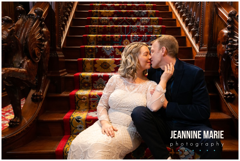 bride, groom, staircase, kiss, Minneapolis wedding venues, Positively Charmed, American Swedish Institute, intimate wedding, winter wedding, snow wedding, Minnesota wedding venues, Minneapolis wedding venues, Minneapolis wedding photographer, Jeannine Marie Photography, Minnesota wedding photographer, winter bride, snow wedding