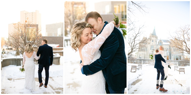 outdoor wedding portraits, bride and groom, winter wedding portraits, snow wedding portraits, Minneapolis wedding venues, Positively Charmed, American Swedish Institute, intimate wedding, winter wedding, snow wedding, Minnesota wedding venues, Minneapolis wedding venues, Minneapolis wedding photographer, Jeannine Marie Photography, Minnesota wedding photographer, winter bride, snow wedding