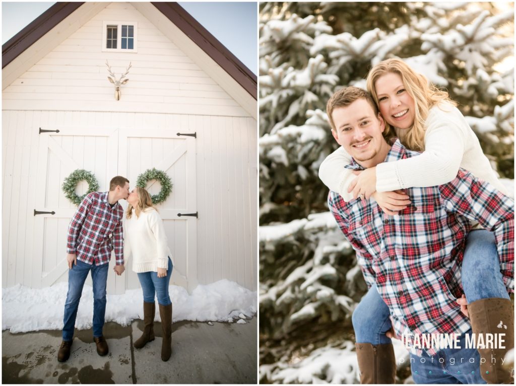 white barn, kiss, arms around her, couple portraits, winter engagement session, snowy engagement session, rustic engagement session, outdoor engagement session, Hope Glen Farm, Jeannine Marie Photography, Saint Paul engagement photographer, Minnesota engagement photographer
