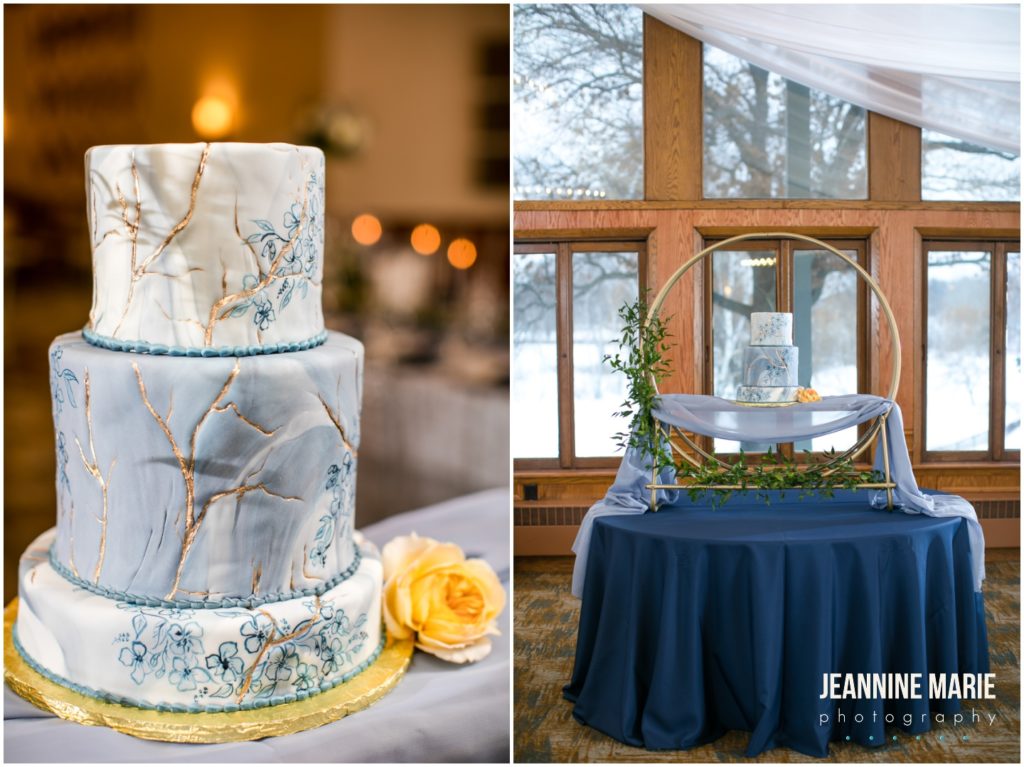 cake, wedding cake, blue cake, floral cake, spring cake, dusty blue wedding, yellow wedding, winter wedding, spring wedding, Minnesota weddings, Majestic Oaks Golf Club, Studio B Floral, We've Got It Covered, 139 Hair by Heidi, Queen of Cakes, Milbern Clothing Co, Hunt Wright Design Co, Marie Wulff, Jeannine Marie Photography, Minnesota wedding photographer, Saint Paul wedding photographer, Minneapolis wedding photographer, Twin Cities wedding vendors, Minnesota wedding vendors, wedding reception, wedding ceremony, indoor wedding, wedding inspiration