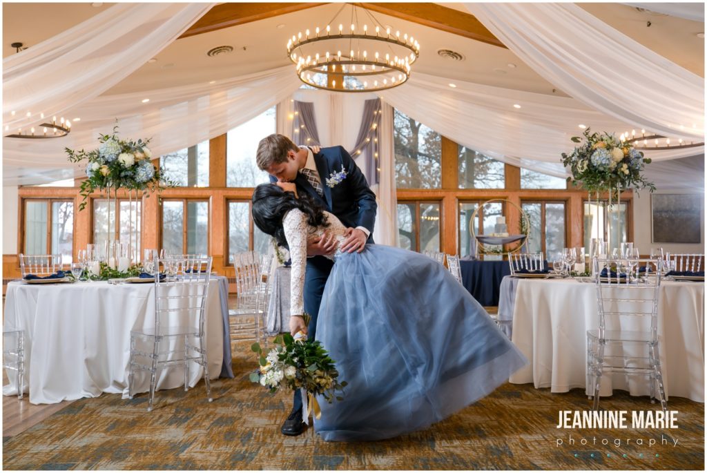 kiss, dip, wedding reception, centerpieces, linens, ceiling draping, dusty blue wedding, yellow wedding, winter wedding, spring wedding, Minnesota weddings, Majestic Oaks Golf Club, Studio B Floral, We've Got It Covered, 139 Hair by Heidi, Queen of Cakes, Milbern Clothing Co, Hunt Wright Design Co, Marie Wulff, Jeannine Marie Photography, Minnesota wedding photographer, Saint Paul wedding photographer, Minneapolis wedding photographer, Twin Cities wedding vendors, Minnesota wedding vendors, wedding reception, wedding ceremony, indoor wedding, wedding inspiration