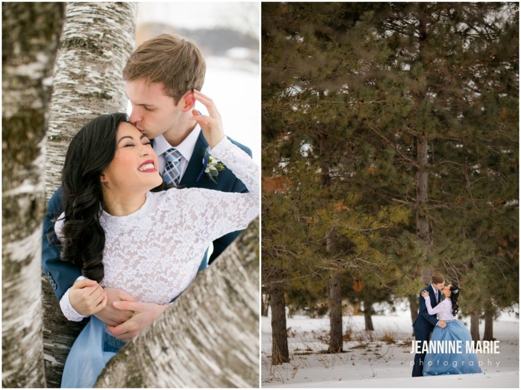 bride, groom, winter portraits, outdoor portraits, blue skirt, trees, dusty blue wedding, yellow wedding, winter wedding, spring wedding, Minnesota weddings, Majestic Oaks Golf Club, Studio B Floral, We've Got It Covered, 139 Hair by Heidi, Queen of Cakes, Milbern Clothing Co, Hunt Wright Design Co, Marie Wulff, Jeannine Marie Photography, Minnesota wedding photographer, Saint Paul wedding photographer, Minneapolis wedding photographer, Twin Cities wedding vendors, Minnesota wedding vendors, wedding reception, wedding ceremony, indoor wedding, wedding inspiration
