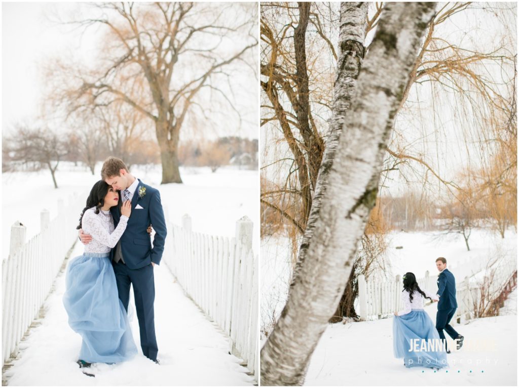 winter, snowy portraits, bride, groom, outdoor portraits, trees, dusty blue wedding, yellow wedding, winter wedding, spring wedding, Minnesota weddings, Majestic Oaks Golf Club, Studio B Floral, We've Got It Covered, 139 Hair by Heidi, Queen of Cakes, Milbern Clothing Co, Hunt Wright Design Co, Marie Wulff, Jeannine Marie Photography, Minnesota wedding photographer, Saint Paul wedding photographer, Minneapolis wedding photographer, Twin Cities wedding vendors, Minnesota wedding vendors, wedding reception, wedding ceremony, indoor wedding, wedding inspiration