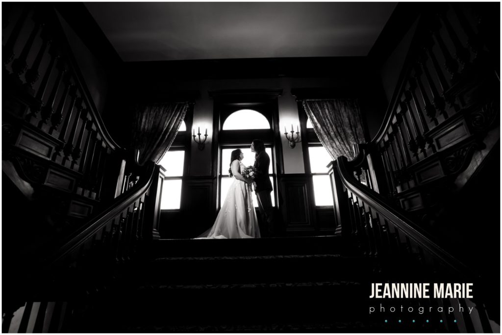 bride, groom, staircase, black and white portraits, Semple Mansion, micro wedding, Positively Charmed, Farina Bakery, mansion wedding, Minneapolis mansion wedding, small wedding, intimate wedding, spring wedding, Minneapolis micro wedding, Twin Cities micro wedding