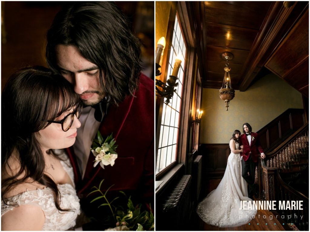 bride, groom, staircase, wedding portraits, Semple Mansion, micro wedding, Positively Charmed, Farina Bakery, mansion wedding, Minneapolis mansion wedding, small wedding, intimate wedding, spring wedding, Minneapolis micro wedding, Twin Cities micro wedding