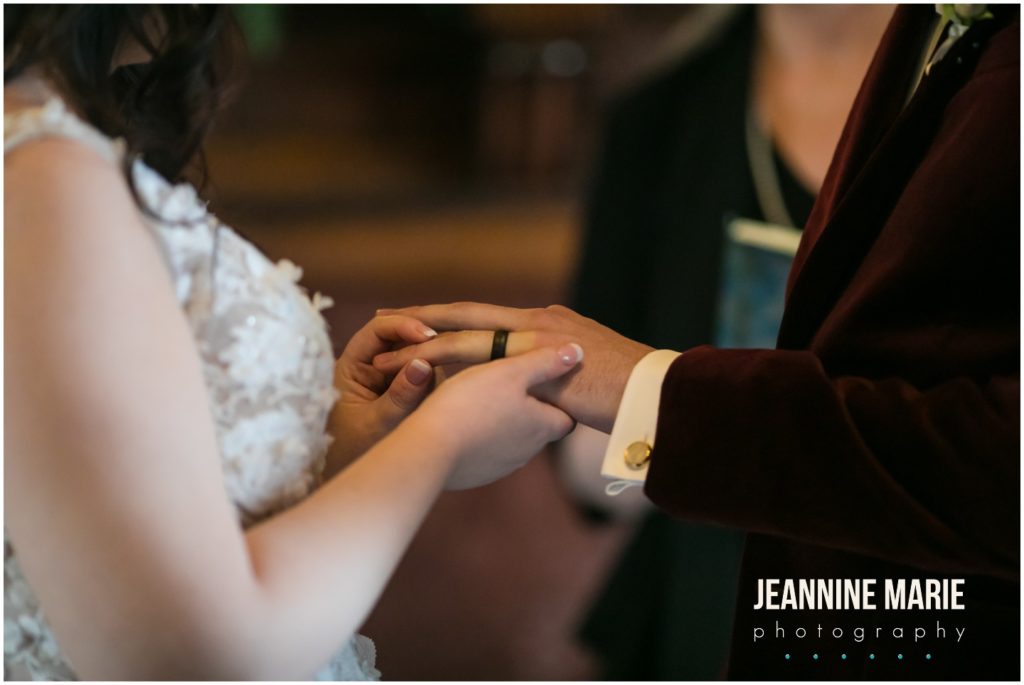 ring exchange, bride, groom, ceremony, library ceremony, small ceremony, fireplace, Semple Mansion, micro wedding, Positively Charmed, Farina Bakery, mansion wedding, Minneapolis mansion wedding, small wedding, intimate wedding, spring wedding, Minneapolis micro wedding, Twin Cities micro wedding