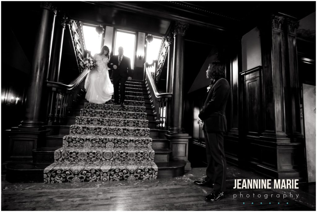 bride, groom, first look, staircase, Semple Mansion, micro wedding, Positively Charmed, Farina Bakery, mansion wedding, Minneapolis mansion wedding, small wedding, intimate wedding, spring wedding, Minneapolis micro wedding, Twin Cities micro wedding
