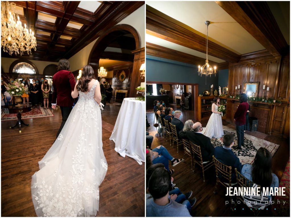 bride, groom, ceremony, library ceremony, small ceremony, fireplace, Semple Mansion, micro wedding, Positively Charmed, Farina Bakery, mansion wedding, Minneapolis mansion wedding, small wedding, intimate wedding, spring wedding, Minneapolis micro wedding, Twin Cities micro wedding