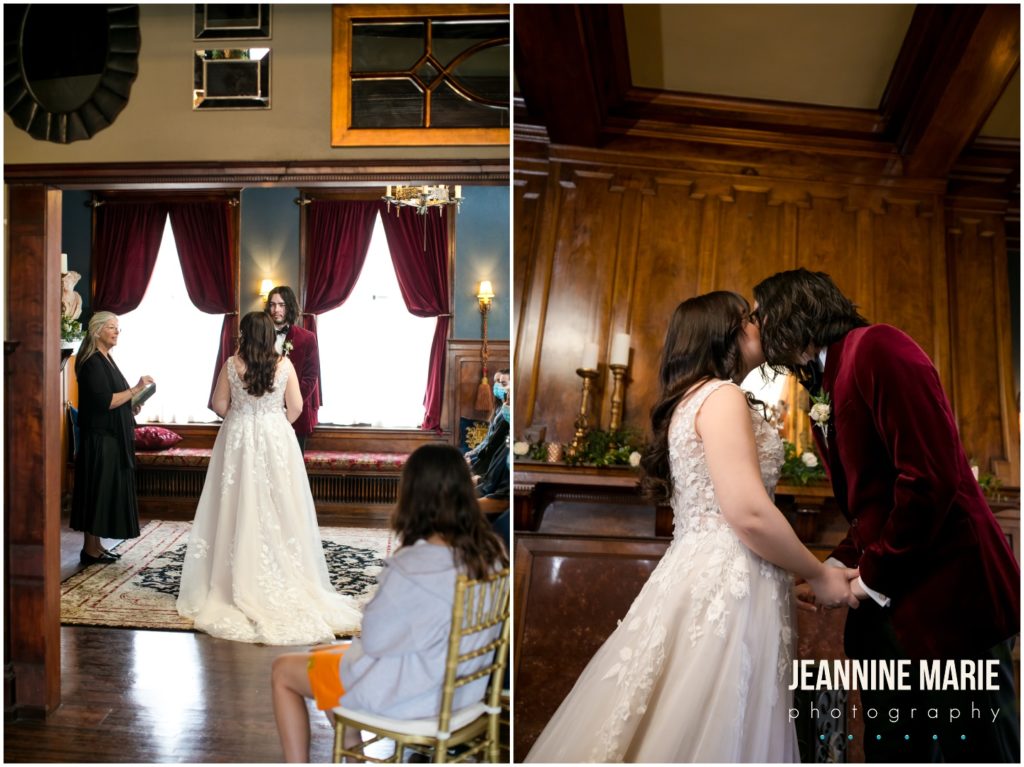 bride, groom, ceremony, library ceremony, small ceremony, fireplace, Semple Mansion, micro wedding, Positively Charmed, Farina Bakery, mansion wedding, Minneapolis mansion wedding, small wedding, intimate wedding, spring wedding, Minneapolis micro wedding, Twin Cities micro wedding