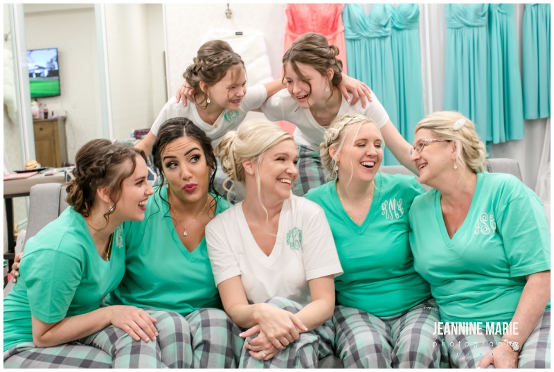 bride, bridesmaids, getting real, matching pajamas, Blue and coral wedding, teal and coral wedding, aqua and coral wedding, summer wedding, Minnesota wedding venues, Minnesota wedding inspiration, outdoor wedding, outdoor ceremony, Royal Golf Club, Sweet Peas Floral, Buttercream Wedding Cakes, GenerationNOW Entertinament, Paper Source, Spa Beauty Agency, Wedding Shoppe Inc, Morilee Bridal, Bill Levkoff, Men’s Wearhouse, Jeannine Marie Photography, Minnesota wedding photographer, Saint Paul wedding photographer, Minnesota Bride, Twin Cities wedding photographer, Minnesota engagement photographer